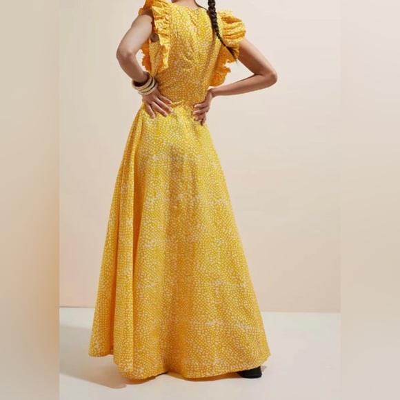 SIKA x Anthropologie Marigold Yellow White Ruffled Sleeve Maxi Dress - Picture 3 of 12